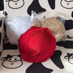 NWT Rhonda Shear Multi Sizes Beautiful PinUp Lace Trimmed Bra Set Red,Wht,Tan